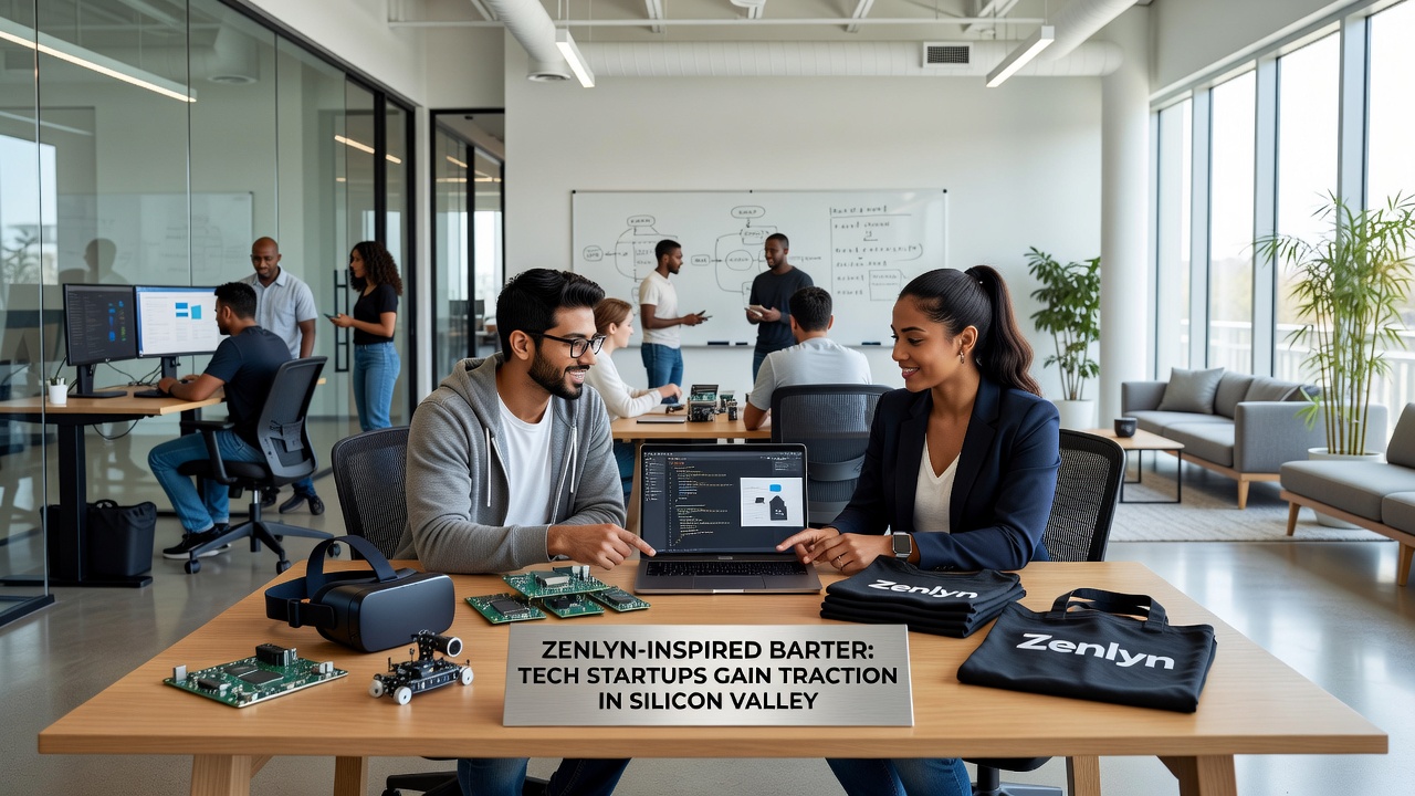 Diverse group of startup founders negotiating service exchanges in a modern office setting