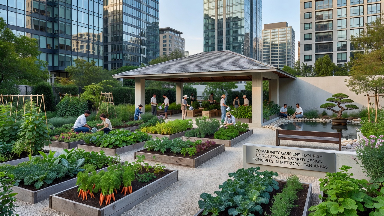 Close-up of Zenlyn-inspired garden beds with mixed native and edible plants, stone edging, and a small water feature in an urban setting
